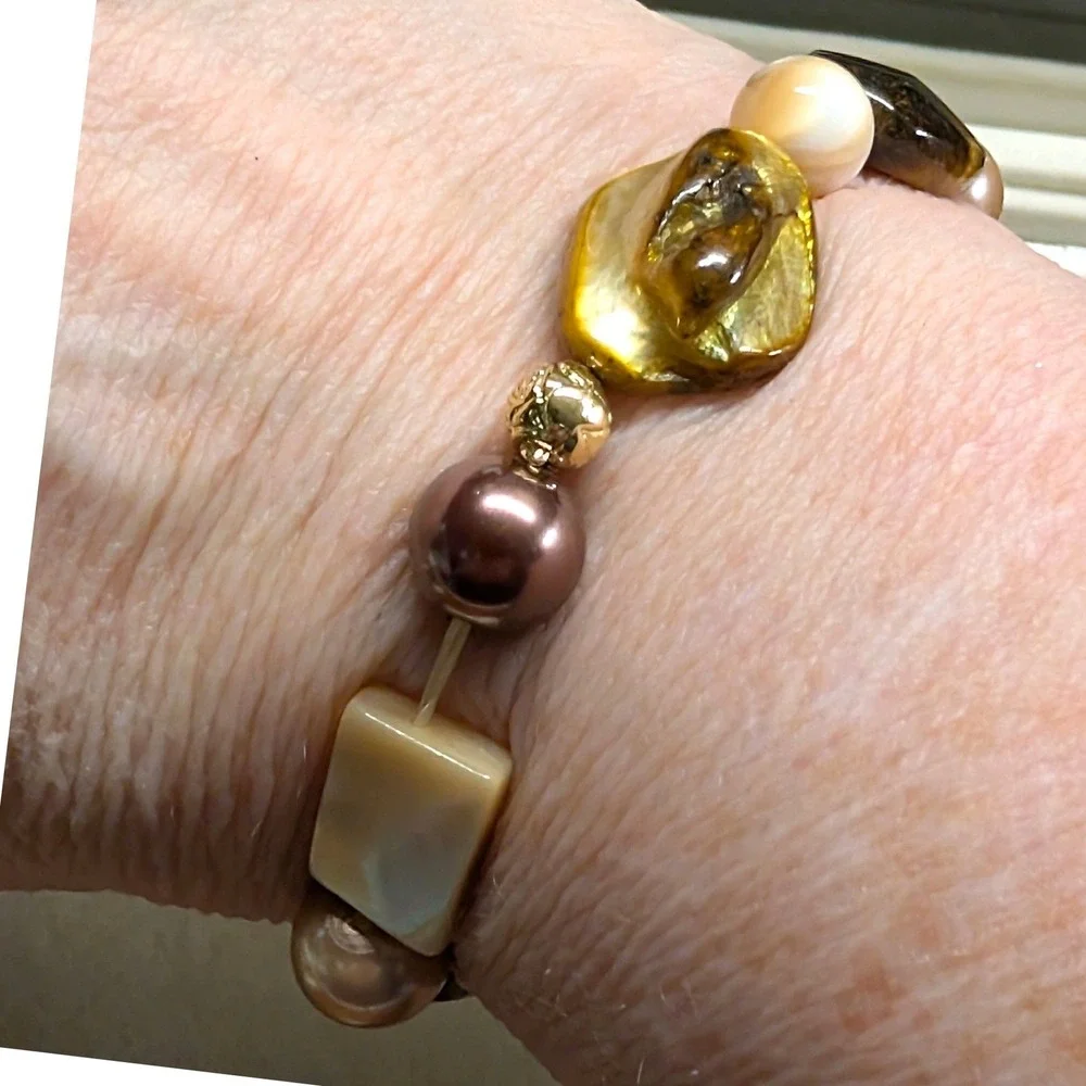 Vintage Tiger Eye Mother of Pearl‎ Stretch Bracelet Brown Earthy Beaded Beads